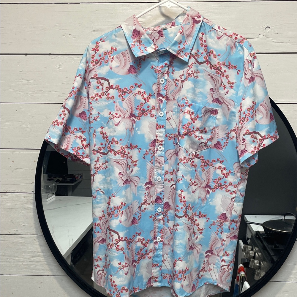 Cherry Blossom Button Down Sky Blue and Rose Crane Shirt -Great Condition